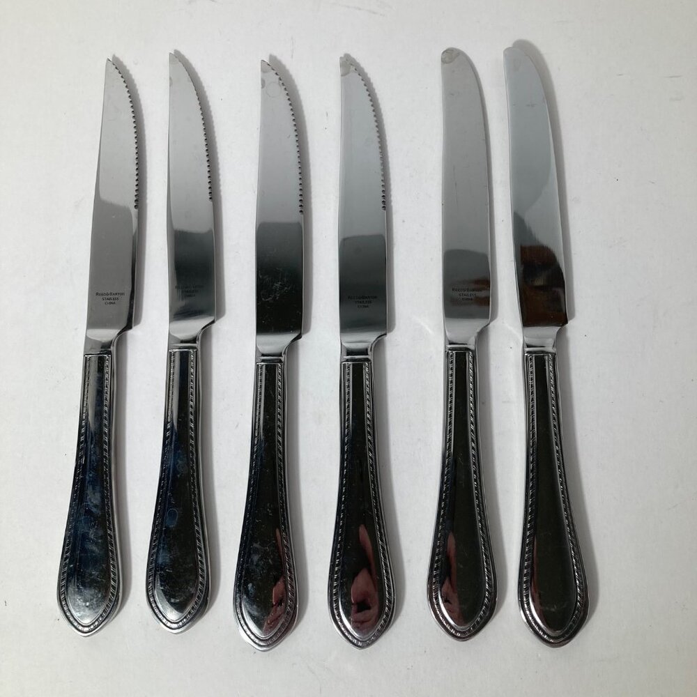 6 Reed & Barton GRAND Hotel II Beaded Stainless Knives 4 Steak‎ 2 Butter 9.5"